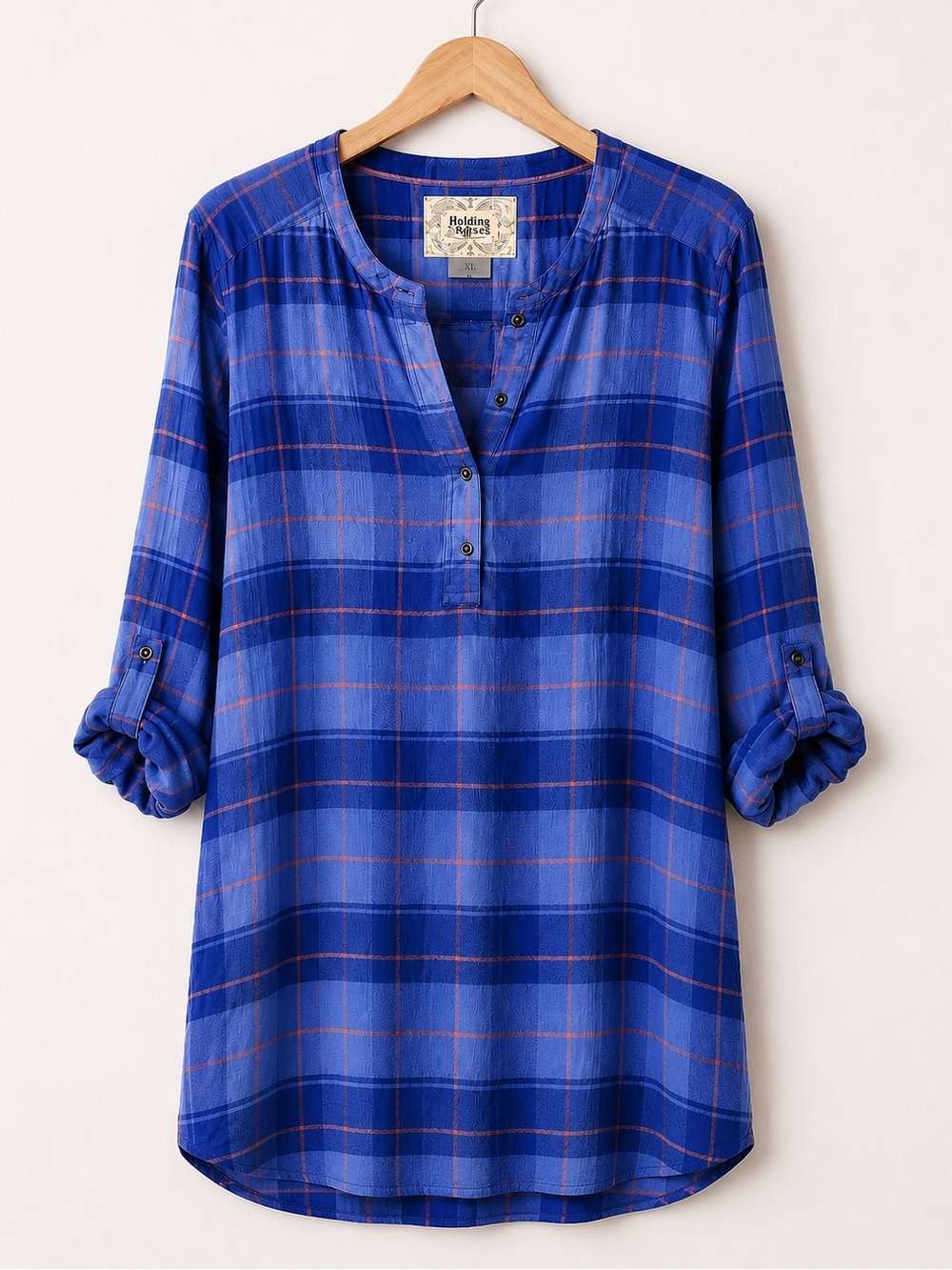Anthropologie Holding Horses Blue Plaid Henley Style Tunic High-Low Blouse XL